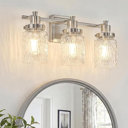 3 Light Bathroom Vanity Light Fixtures Modern Brushed Nickel | ETL Certificate, Easy to Install,Wall Mount Up or Down,Hammered Glass Lampshade,E26 Socket,Hardwired,120V