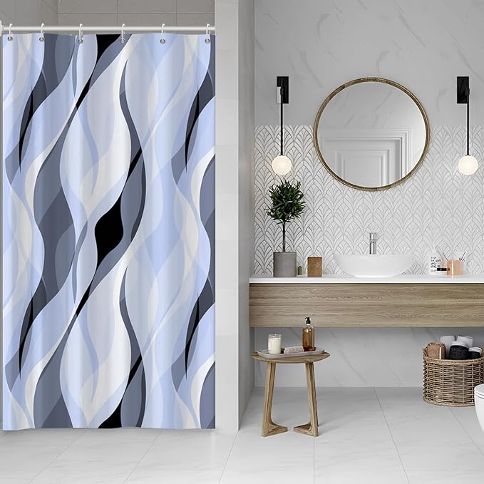 Light Blue Shower Curtain, Modern Abstract Blue and Grey Striped Shower Curtain Set for Bathroom Waterproof Polyester Shower Curtain with Hooks, 48x72 Inch