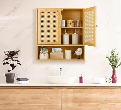 Bamboo Cabinet Wall Mount, Rattan Medicine Cabinet with Shelves and Doors, Wall Cabinet Above Toilet, Storage Organizer for Laundry Room, Kitchen, Living Room