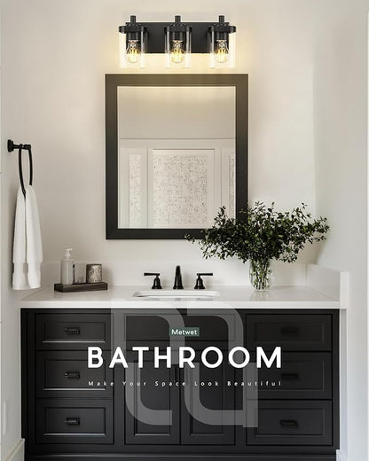Bathroom Light Fixtures Over Mirror, 3-Light Matte Black Vanity Light with Square Clear Glass Shade, Modern Wall Sconces, Vanity Lighting Fixtures, VL194-MB-3