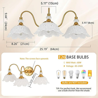 Vintage Bathroom Vanity Light, 3-Light Matte Brass Finish Vanity Light with Floral White Glass Shades, Retro Wall Sconce for Bathroom, Dressing Table
