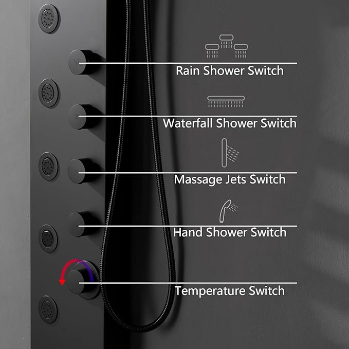 Matte Black Bathroom Shower Tower, 304 Stainless Steel Shower Panel Tower System with Rainfall Shower Head 4 Rain Massage Body Jets for Home Hotel Resort Bathroom Lavatory