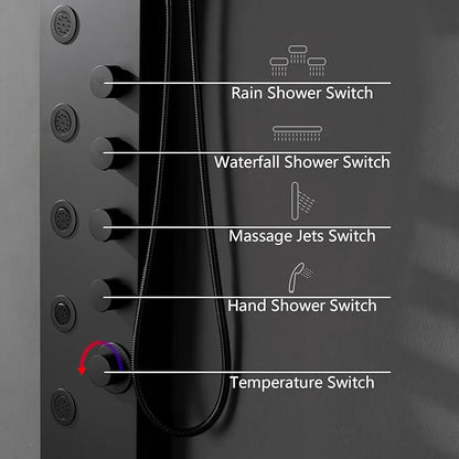 Matte Black Bathroom Shower Tower, 304 Stainless Steel Shower Panel Tower System with Rainfall Shower Head 4 Rain Massage Body Jets for Home Hotel Resort Bathroom Lavatory