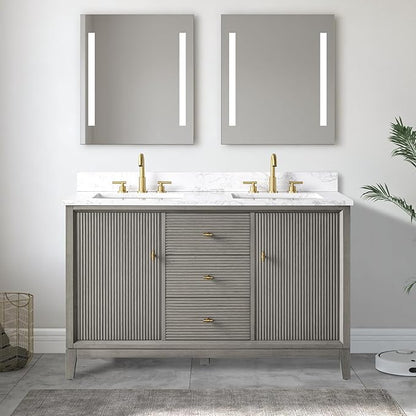 Vanity Art 54" Bathroom Vanity with Double Sink & Arabescato White Engineered Stone Top, Vanity Cabinet with Soft Closing Door, Solid Wood Frame, Golden Brushed Handles, Driftwood Gray VA8154D-DG-GB