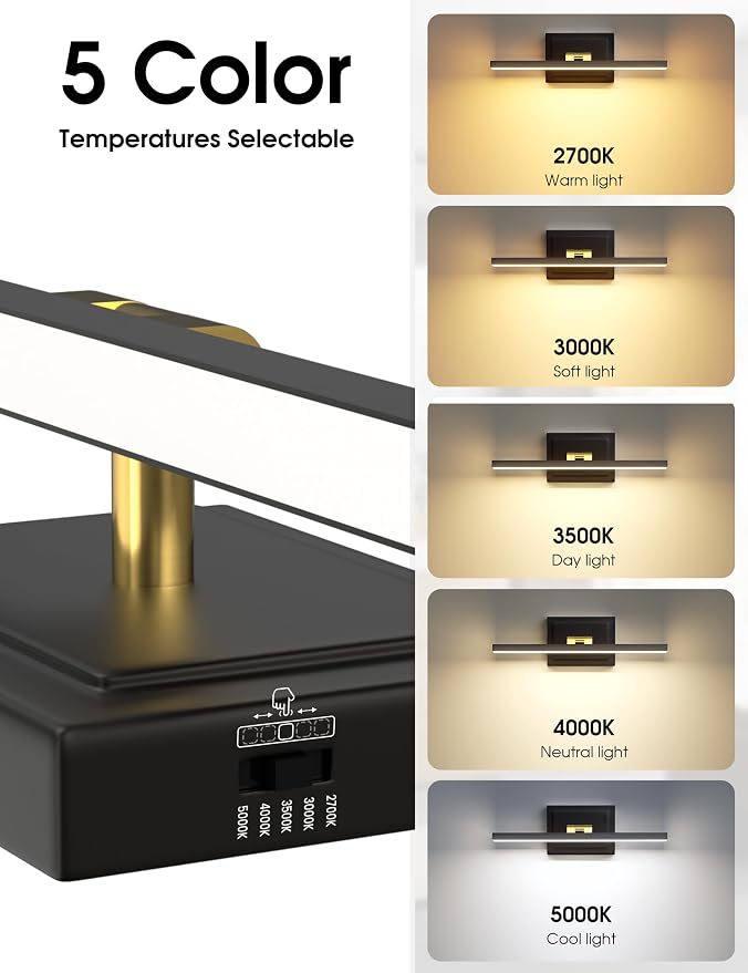 VOLISUN Modern Bathroom Vanity Light 15.7 inch, Rotatable, 12W Dimmable 5CCT Led Bathroom Light Fixture Over Mirror, Black Gold Bar Vanity Light for Bathroom Mirror Restroom-ETL Certificated