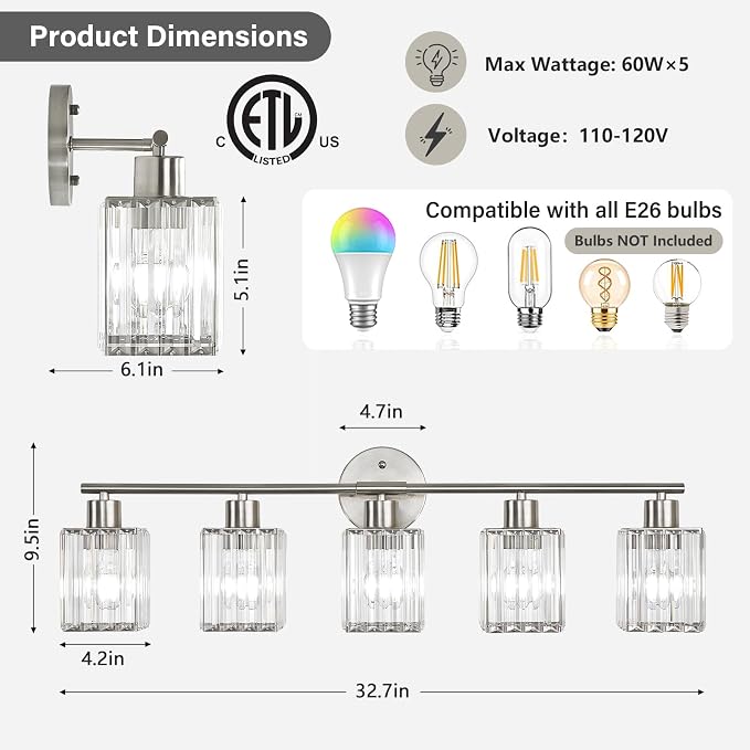 5 Light Bathroom Light Fixtures, Modern Crystal Vanity Lights over Mirror | Metal Frame, Bathroom Light with Square Crystal Shade, ETL Certified, E26 Ceramic Socket, Bulbs Not Included