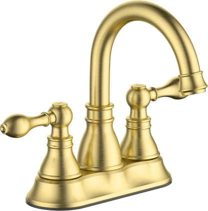 Two Handle Bathroom Sink Faucet 3 Hole with Overflow Pop up Drain, 360° Swivel Spout 4 Inch Centerset Lavatory Faucet Without Water Supply Lines,Brushed Gold,F-4501-CS