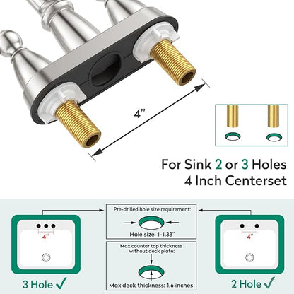 CREA Centerset Bathroom Faucet 3 Holes,4 Inch Bathroom Faucets Double Handles,360°Swivel Bathroom Faucet with Pop Up Drain,Brushed Nickel Bathroom Vanity Faucet Basin Mix Tap(cPUC Line)