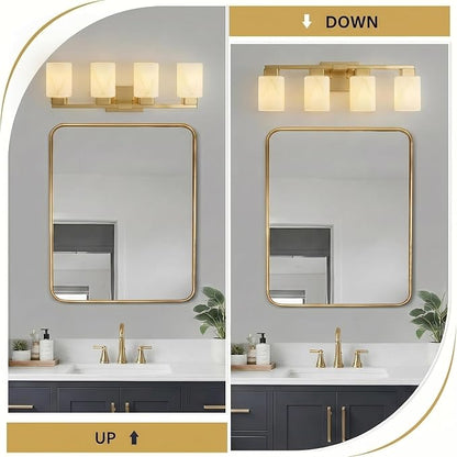 4-Light Square Bathroom Light Fixture, Gold Modern Vanity Light with White Marble Glass Shade, for Bathroom Mirror, Living Room, Bedroom, Hallway, E26 Base