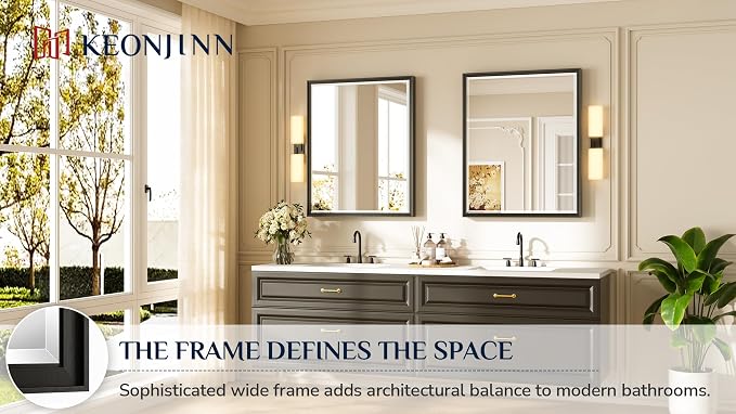 Keonjinn Black Framed Bathroom Mirrors 30" x 36", Safe HD Tempered Glass | Aluminum Alloy, Secure French Cleat Installation, Vertical/Horizontal, Beveled Edge, Black Bathroom Vanity Mirror for Wall