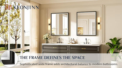Keonjinn Black Framed Bathroom Mirrors 30" x 36", Safe HD Tempered Glass | Aluminum Alloy, Secure French Cleat Installation, Vertical/Horizontal, Beveled Edge, Black Bathroom Vanity Mirror for Wall