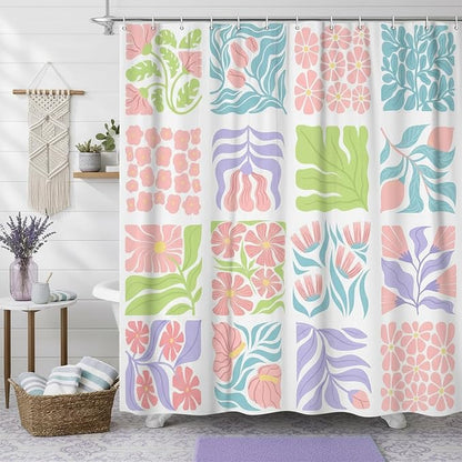 JAWO Cute Boho Floral Shower Curtain, Colorful Abstract Floral Retro Aesthetic Shower Curtain for Bathroom, Funky Unique Waterproof Fabric Polyester Bath Curtains Decor with Hooks,70Wx78H