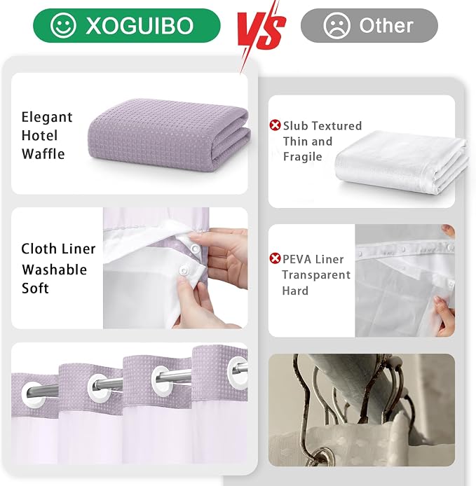 No Hook Shower Curtain and Liner Set,Lavender Hotel Waffle Shower Curtain with Liner 75" L x 72" W