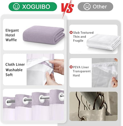 No Hook Shower Curtain and Liner Set,Lavender Hotel Waffle Shower Curtain with Liner 75" L x 72" W