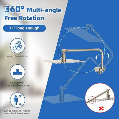 10" Metal Rainfall Shower Head with 10-Mode Handheld, Brushed Nickel | NSF/ANSI/CAN 372 Certified, High Pressure Showerhead Combo with 11" Adjustable Shower Arm, 71" Hose, Shower Head Holder