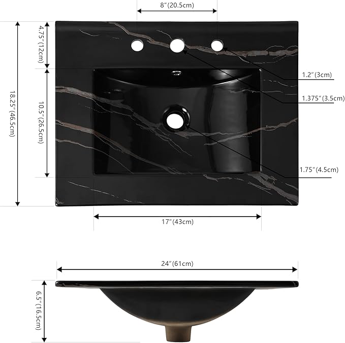 JONATHAN Y SNK1001D Ancillary 3-Hole 24 in. W x 18.25 in. D Classic Contemporary Rectangular Ceramic Single Sink Basin Vanity Top, Black Marble Effect