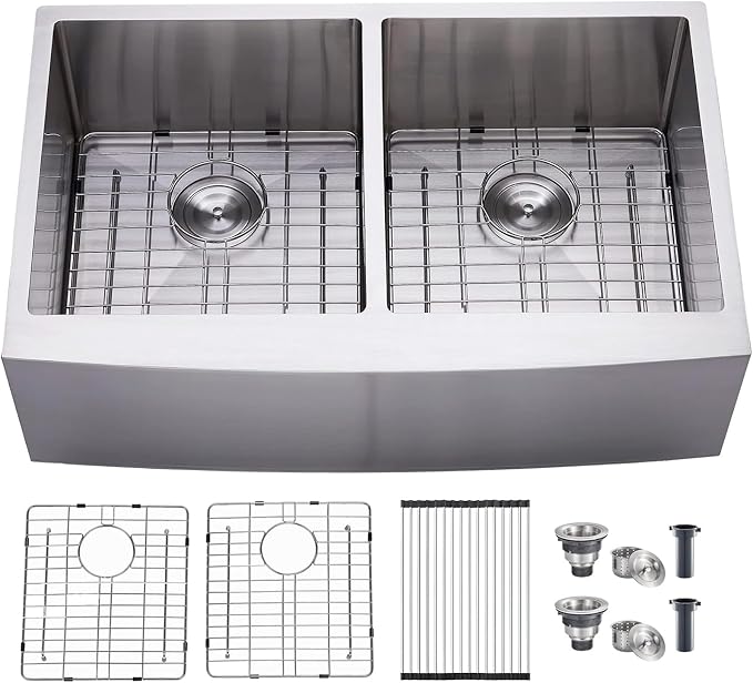 33 Inch Double Bowl Divided 50/50 Farmhouse Sink, 33x21 Stainless Steel Undermount Apron Front Farm Kitchen Sink