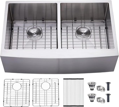 33 Inch Double Bowl Divided 50/50 Farmhouse Sink, 33x21 Stainless Steel Undermount Apron Front Farm Kitchen Sink