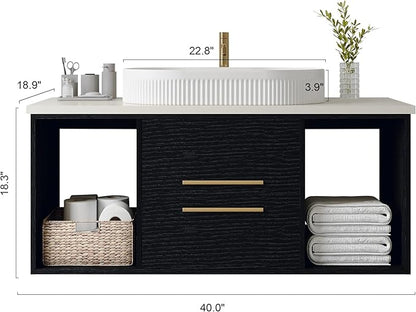 40 inch Modern Floating Bathroom Vanity with Counter Top Sink Combo, Wall Mounted Bathroom Cabinet with Oval Ceramic Sink, 2 Soft Closing Drawers & Open Storage Shelf, Black