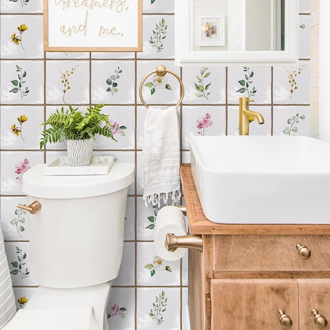 Alwayspon Vinyl Sticker Peel and Stick, Self-Adhesive Wall Tile Transfers Backsplash Sticker Decal for Kitchen Bathroom, 6x6inch/15x15cm 30Pcs, Leaves T031