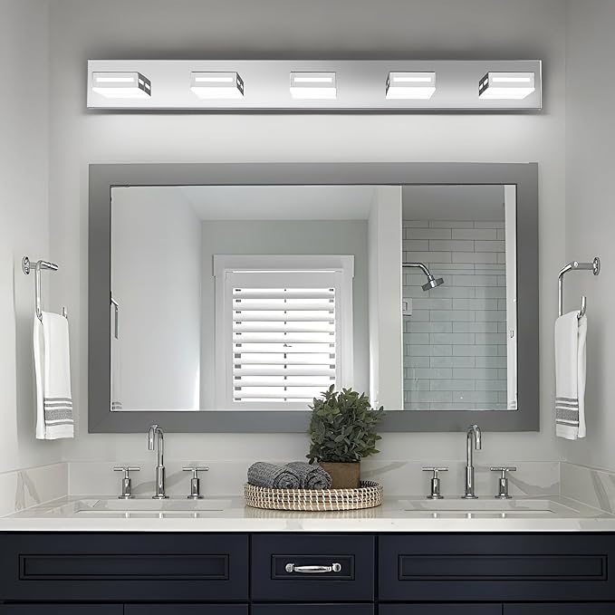 LED Modern Bathroom Light Fixtures, 5-Light 40-Inch Chrome Vanity Lights for Bathroom Lighting Fixtures Over Mirror, 350° Rotatable Acrylic, 6000K Cool White Wall Lamp