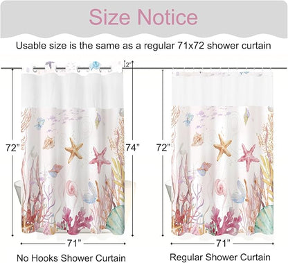No Hook Shower Curtain and Liner Set, Watercolor Pink Beach Coastal 71x74 | Nautical Ocean for Bathroom, with Snap in Liner Replacement, Mesh Top Window, Waterproof, Machine Washable, Quick-Drying