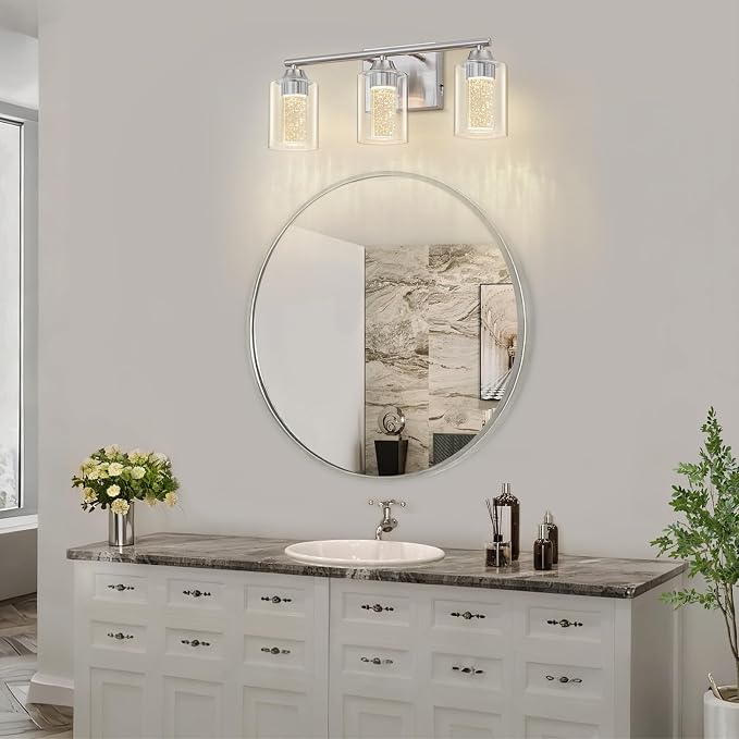 3-Light Brushed Nickel Bathroom Vanity Light with 3 Color Modes (3000K/4000K/6000K), Dimmable Modern Wall Light Over Mirror with Clear Glass Shade
