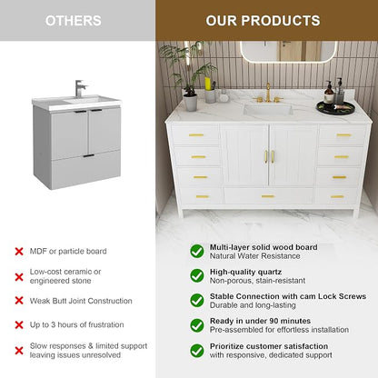 60 Inch Bathroom Vanity with Sink&Countertop,Carrara White Quartz Counter Top with Sink&Backsplash,White Bathroom Cabinet Set with 2 Doors and 9 Drawer(Three Holes)