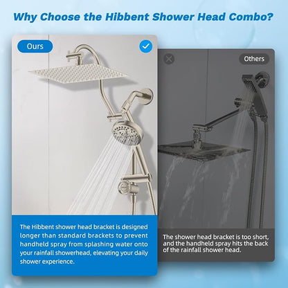 Hibbent High Pressue All Metal 12" Rainfall Shower Head, Handheld 10-Spray | cUPC Certified Brushed Nickel Dual Showerhead Combo, 4-way Diverter with Pause Mode, Brass Extension Arm, 71'' Hose & Holder