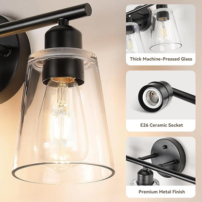 TALOYA 19 Inch Brushed Black Bathroom Light Fixtures with Thickend Clear Tapered Glass Shade, 3-Light Modern Vanity Light Over Mirror for Bathrooms, Bedrooms (Bulbs Not Included)
