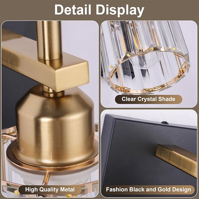 She's home 5-Light Vanity Lights for Bathroom: Black Gold Vanity Lights with Crystal Glass Shade, Modern Crystal Bathroom Light Fixtures Over Mirror, 34inch Black Gold Wall Sconce for Bath, E26 Base