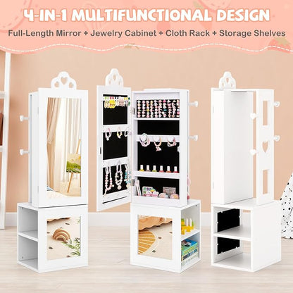HONEY JOY Kids Jewelry Armoire Cabinet, Wooden Standing Jewelry Organizer w/Full-length Mirror and Garment Rack, 2 Tier Storage Shelves, Children Dress Up Jewelry Cabinet for Little Girls (White)