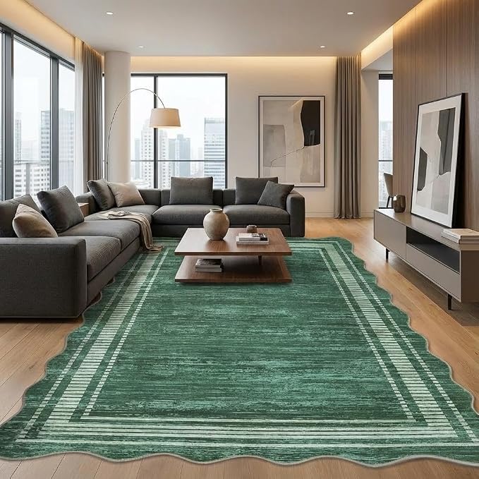 GarveeHome Washable Scalloped Rug 9x12 Area Rugs, Modern Neutral Living Room Rugs, Large Washable Solid Rug Farmhouse Bordered Carpet for Bedroom Apartment Table Dorm Nursery, Green