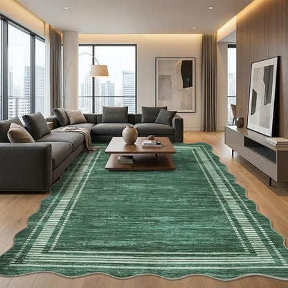 GarveeHome Washable Scalloped Rug 9x12 Area Rugs, Modern Neutral Living Room Rugs, Large Washable Solid Rug Farmhouse Bordered Carpet for Bedroom Apartment Table Dorm Nursery, Green