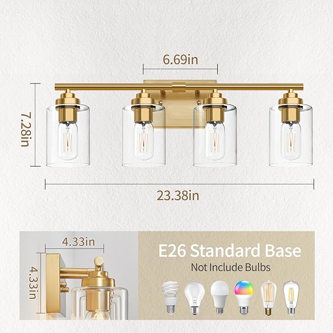 Bathroom Vanity Light Over Mirror,Bathroom Light Fixture Wall Sconce Lighting for Bedroom,Living Room (Gold, 4-Light)