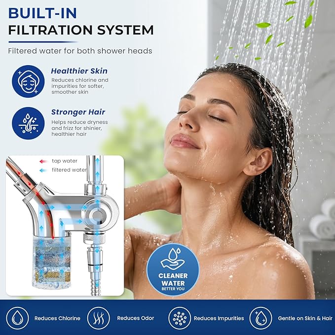 Upgraded Dual Shower Heads Combo, 10 inch Filtered Shower Head with Handheld, 3-Way Rain Shower Head with Filters, 7 Settings Handheld Spray, High Pressure, Height Adjustable (Silver)