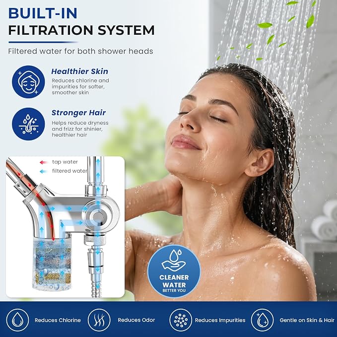 Ryamen Upgraded Dual Shower Heads Combo, 10 inch Filtered Shower Head with Handheld, 3-Way Rain Shower Head with Filters, 7 Settings Handheld Spray, High Pressure, Height Adjustable (Silver)