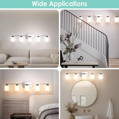 Quntis 5 Light Brushed Nickel Bathroom Light Fixtures, Modern Vanity Lights Over Mirror with 5 Colors & Stepless Dimmable, 33 Inch LED Bathroom Lighting with Milk White Frosted Glass (Bulbs Included)