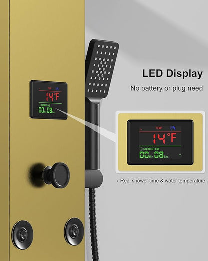 Homevacious Polished Gold 5 In 1 Shower Panel Tower System LED Rain Waterfall Shower Head and Adjustable Massage Body Jets 3 Settings Handheld Head and Tub Spout Stainless Steel Bathroom Panel