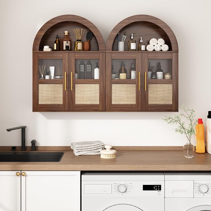 RUSTOWN Arched Bathroom Wall Cabinet with 2 Glass & Rattan Doors | Rattan Medicine Cabinet, Farmhouse Over the Toilet Storage Cabinet, Adjustable Shelves, 3-Tier Wall Mounted Cabinets
