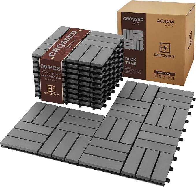Acacia Interlocking Deck Tiles Outdoor Waterproof All Weather Grey Crossed | Raised Drainage Base, 12x12 In, Trimmable, Oil-Rubbed Finish, No Tools or Sealant Required, Weather-Resistant, Washable