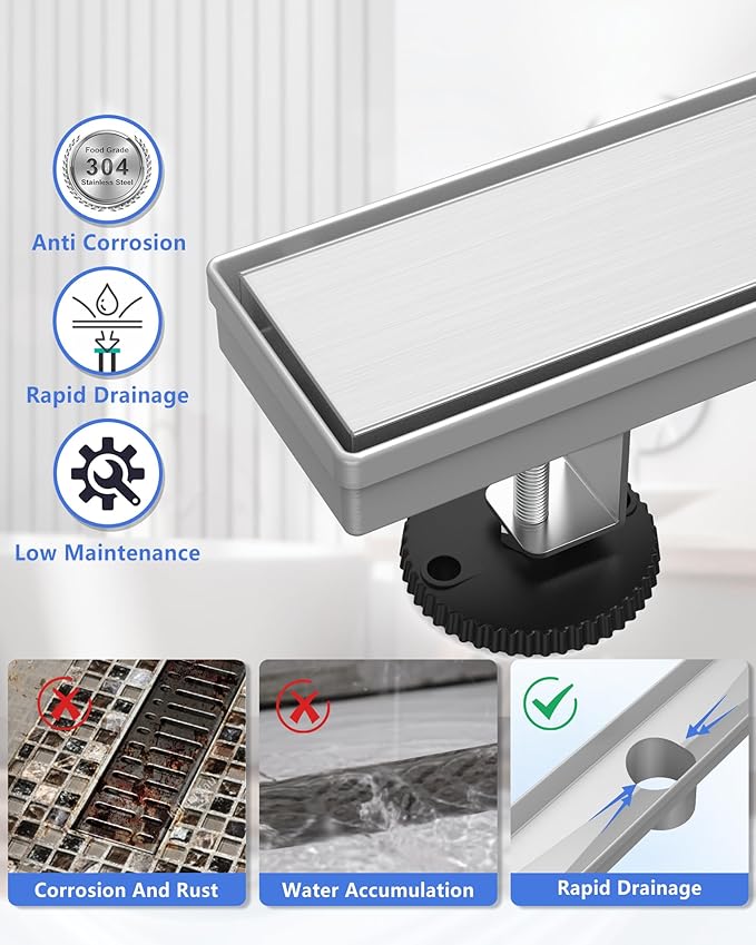 YEFU Shower Drain Nickel for Bathroom: 12 Inch Stainless Steel Linear Shower Drain – 2-in-1 Shower Floor Drain with Tile Insert Grate – Rectangle Linear Drain with Adjustable Feet & Hair Strainer