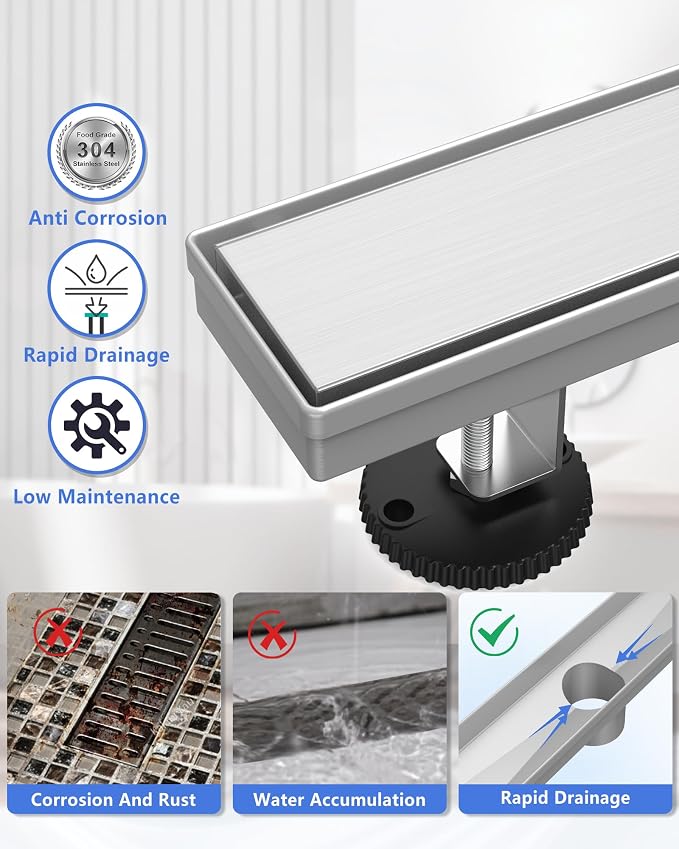 YEFU Shower Drain 48 Inch with Tile Insert,Linear Shower Drain for Bathroom | Anti-Corrosion, Hair Catcher, 304 Stainless Steel, Adjustable Feet, V-Shaped, Linear shower Drain Fits Toilet Kitchen Balcony