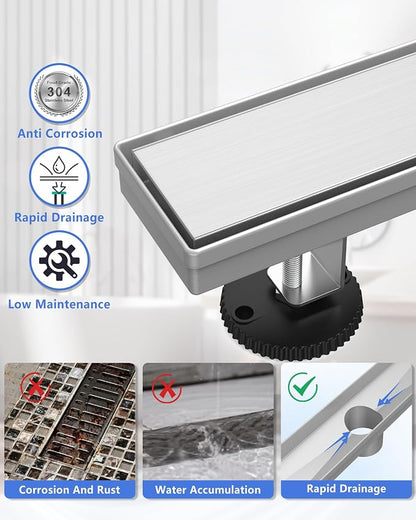 YEFU Shower Drain 24 Inch, 2-in-1 Linear Shower Drain for Bathroom Toilet | Tile Insert Grate, Anti-Corrosion, 304 Stainless Steel, Shower Floor Drain with Hair Catcher, Linear Drain with Fast Drainage