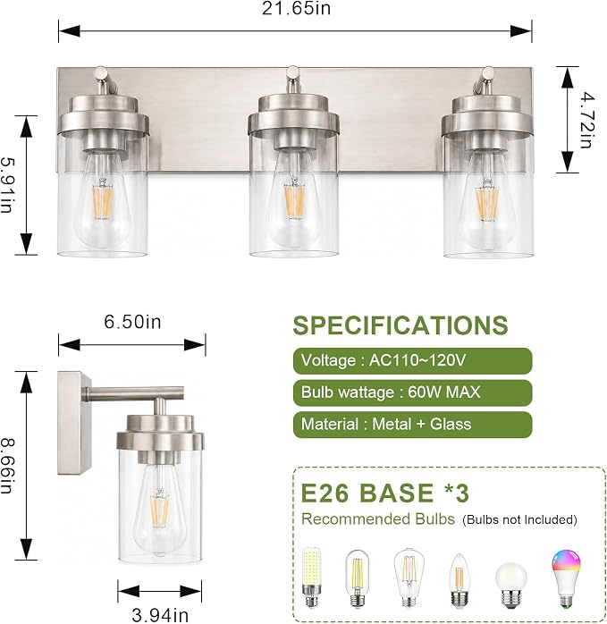 3-Light Bathroom Light Fixtures, Brushed Nickel Vanity Lights | Modern Bathroom Lighting Fixtures Over Mirror, Vanity Lights for Bathroom, Mirror, Restroom, Bedroom, E26