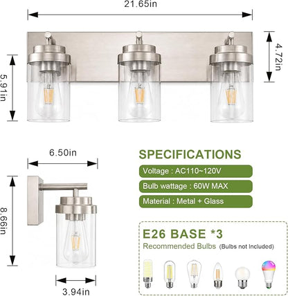 3-Light Bathroom Light Fixtures, Brushed Nickel Vanity Lights | Modern Bathroom Lighting Fixtures Over Mirror, Vanity Lights for Bathroom, Mirror, Restroom, Bedroom, E26