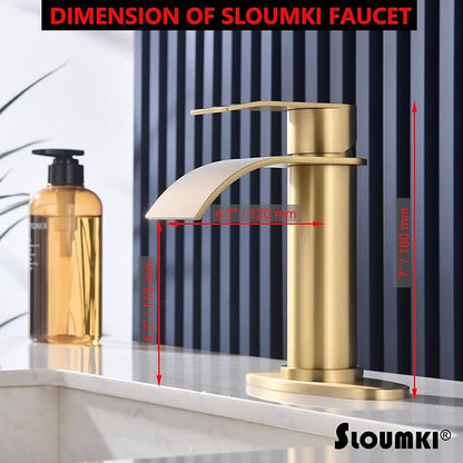 Brushed Gold Waterfall Bathroom Faucet Single Hole, Gold Bathroom Faucet for Sink 1 Hole with 6 in Deck Plate and Pop Up Drain and Supply Hose, Modern Bathroom Sink Faucet，SL5002BG