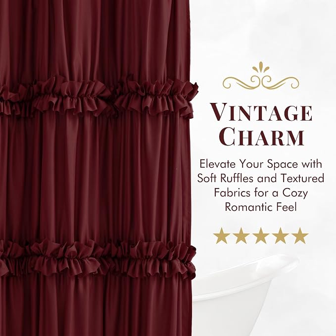 LIPA Boho Rustic Burgundy Ruffle Shower Curtain 72x72 Inches | Farmhouse Shower Curtains for Bathroom,Water‑Resistant Fabric Shower Curtain,Bohemian Bathroom Decor