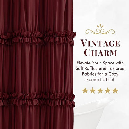 LIPA Boho Rustic Burgundy Ruffle Shower Curtain 72x72 Inches | Farmhouse Shower Curtains for Bathroom,Water‑Resistant Fabric Shower Curtain,Bohemian Bathroom Decor