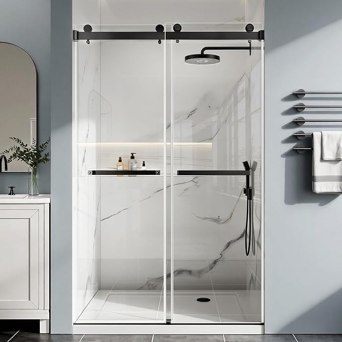 Frameless Stainless Steel Sliding Shower Door, 44-48" W x 76" H - 5/16" (8mm) Thick Tempered Glass Rust-Proof Glass Shower Door with Dual Tracks in Matte Black